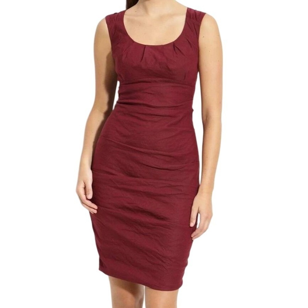 Eileen Fisher Shirred Cotton Steel Sheath 12 Burgundy Ruched Elevated Minimalist